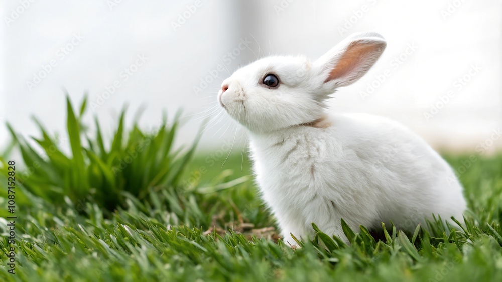 Innocent White Baby Rabbit with Curious Expression Nestled in Fresh Spring Grass Innocent White Baby Rabbit with Curious Expression Nestled in Fresh Spring Grass