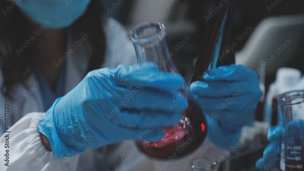 a scientist is working in a laboratory, a chemical researcher is preparing sample for a vaccine against a virus, work in lab concentrate is the most important because chemicals are dangerous