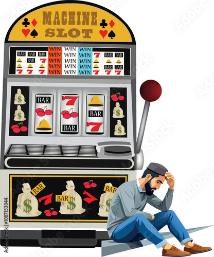 Gambler sitting sadly next to slot machine after losing all money