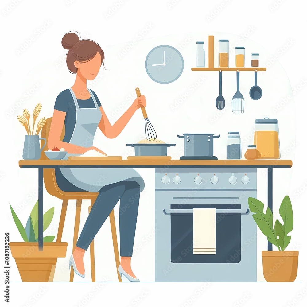Fototapeta premium Woman Cooking in Flat Style on White Background