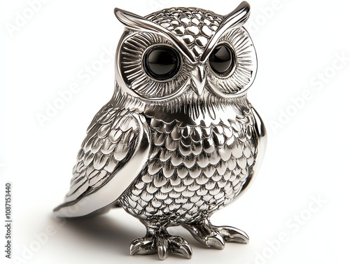 Silver owl figurine, metal sculpture on white isolated background. photo