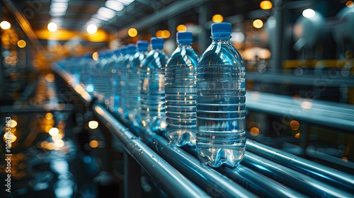 A plastic bottle or gallon of purified drinking water moving along an automated conveyor in a water production factory, with a toned finish photo