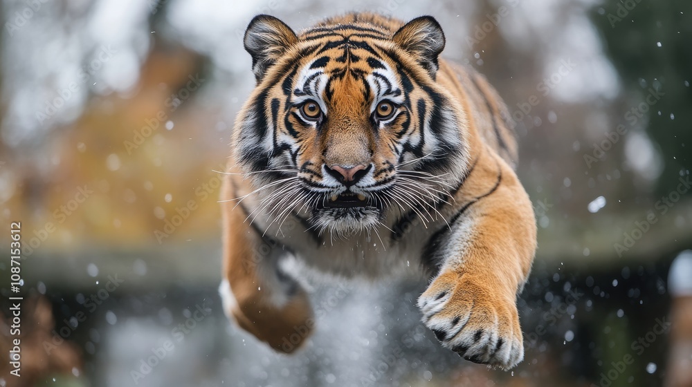 A majestic tiger captured in mid-leap with a backdrop of blurred natural scenery, emphasizing its power, grace, and intricate markings in a stunning display of wildlife athleticism A majestic tiger captured in mid-leap with a backdrop of blurred natural scenery, emphasizing its power, grace, and intricate markings in a stunning display of wildlife athleticism