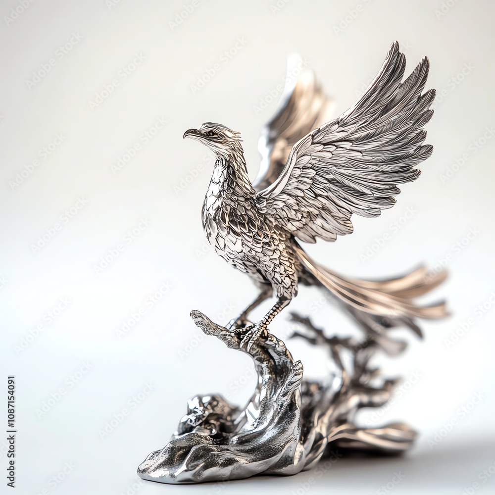 A finely crafted silver phoenix sculpture on a detailed base. A finely crafted silver phoenix sculpture on a detailed base.