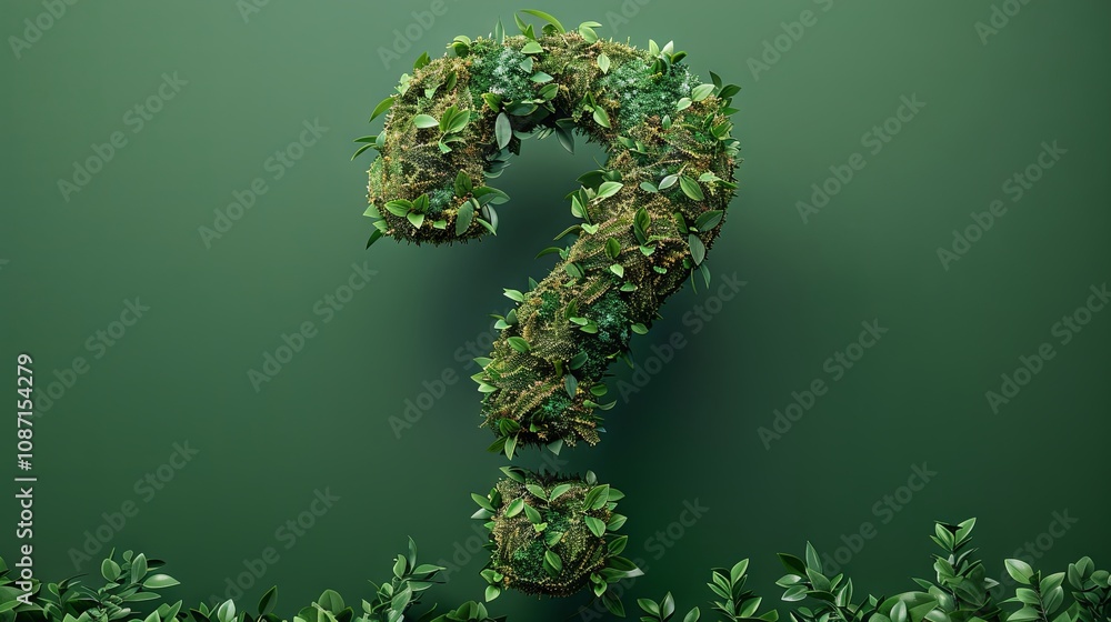 A question mark enveloped in lush green plants, set against a green background A question mark enveloped in lush green plants, set against a green background