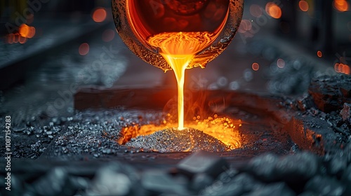 The process of casting in a foundry, with molten metal being poured into a ladle in the heavy metallurgy industry photo