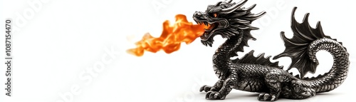 Black dragon figurine breathing fire on a white isolated background. photo