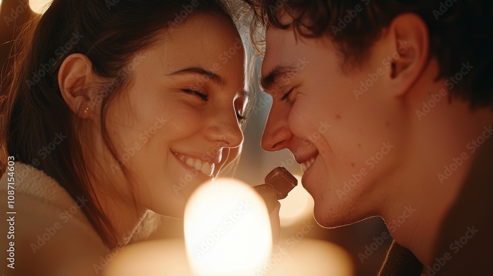 valentine chocolates memories concept, A warm, intimate moment between a couple, smiling and sharing a connection, illuminated softly by candlelight. valentine chocolates memories concept, A warm, intimate moment between a couple, smiling and sharing a connection, illuminated softly by candlelight.