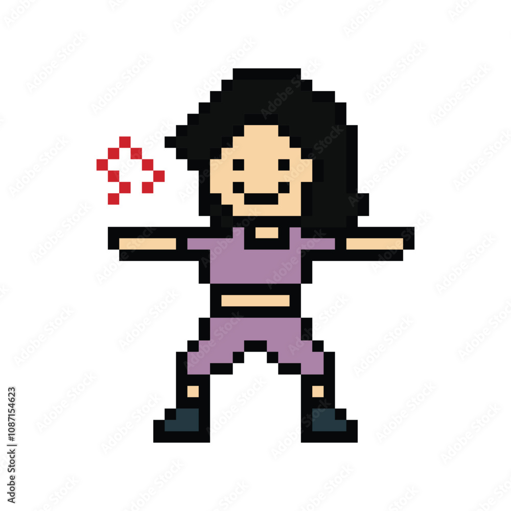 Cute cartoon pixel character cute woman exercises training dance lifestyle music decoration life style 8 bit female girl dance with music game fitness isolated PNG vector. Cute cartoon pixel character cute woman exercises training dance lifestyle music decoration life style 8 bit female girl dance with music game fitness isolated PNG vector.