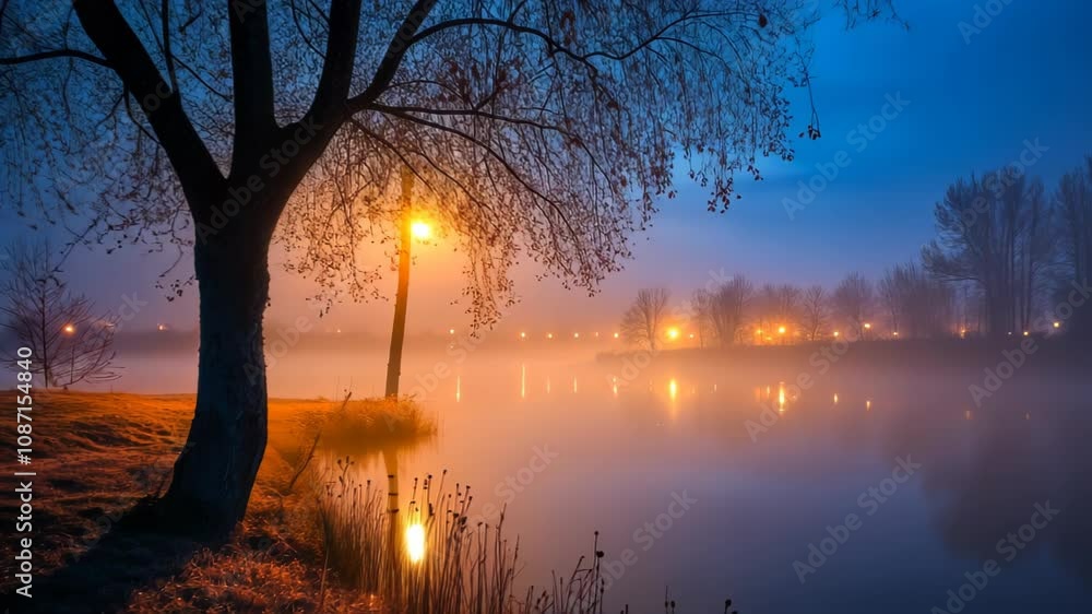 Misty Evening by the Lake, Illuminated by City Lights Misty Evening by the Lake, Illuminated by City Lights