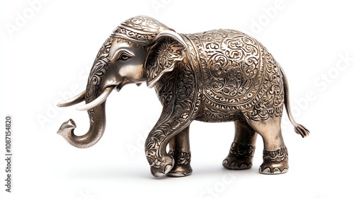 Decorative silver elephant figurine with intricate designs, isolated on white background.