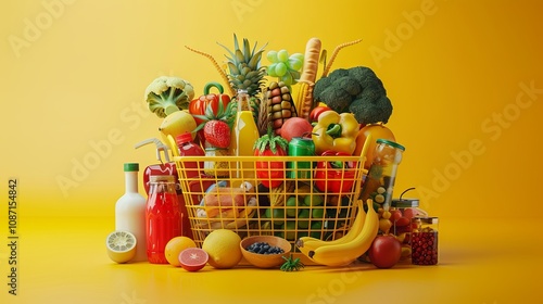 A shopping basket brimming with various groceries, including food and drinks, set against a yellow background