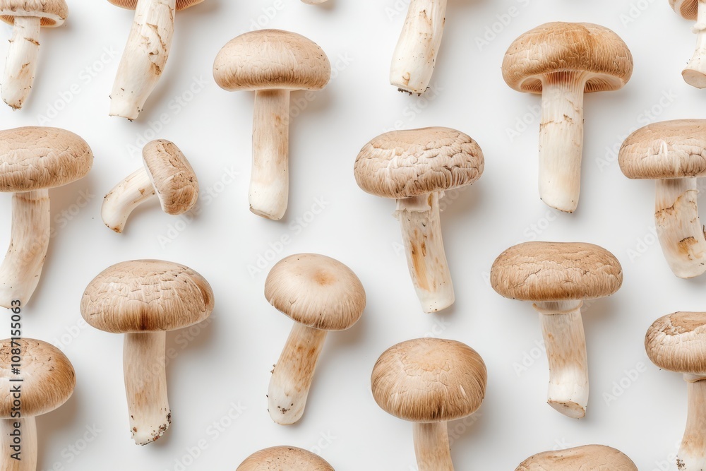 Freshly Harvested Mushrooms Neatly Arranged on White Background, Showcasing the Natural Beauty and Textures of Various Mushroom Types for Culinary or Decorative Use Freshly Harvested Mushrooms Neatly Arranged on White Background, Showcasing the Natural Beauty and Textures of Various Mushroom Types for Culinary or Decorative Use