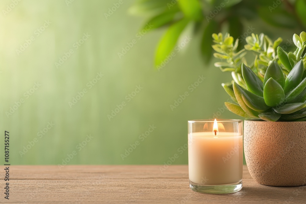 Serene Composition of a Burning Candle Next to a Potted Succulent on a Wooden Table with a Soft Green Background for Tranquil Ambiance Serene Composition of a Burning Candle Next to a Potted Succulent on a Wooden Table with a Soft Green Background for Tranquil Ambiance