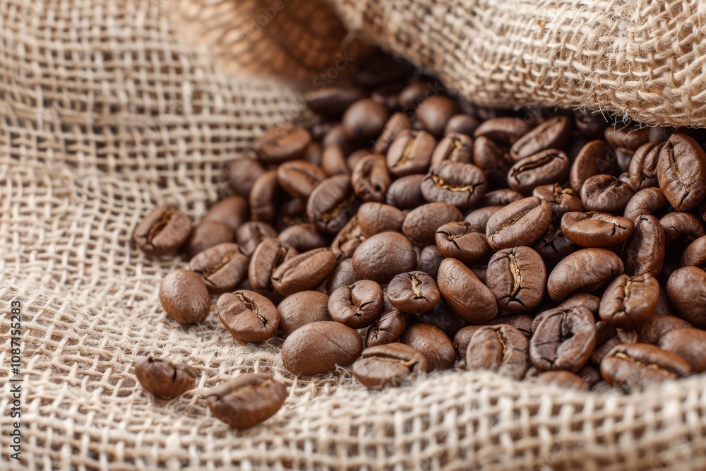 Freshly Spilled Coffee Beans on Rustic Burlap Fabric Capturing the Essence of Coffee Culture and Natural Ingredients for Culinary and Lifestyle Themes
