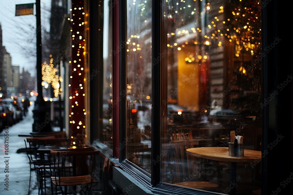 Fototapeta premium Cozy Cafe Window View On A Snowy Evening