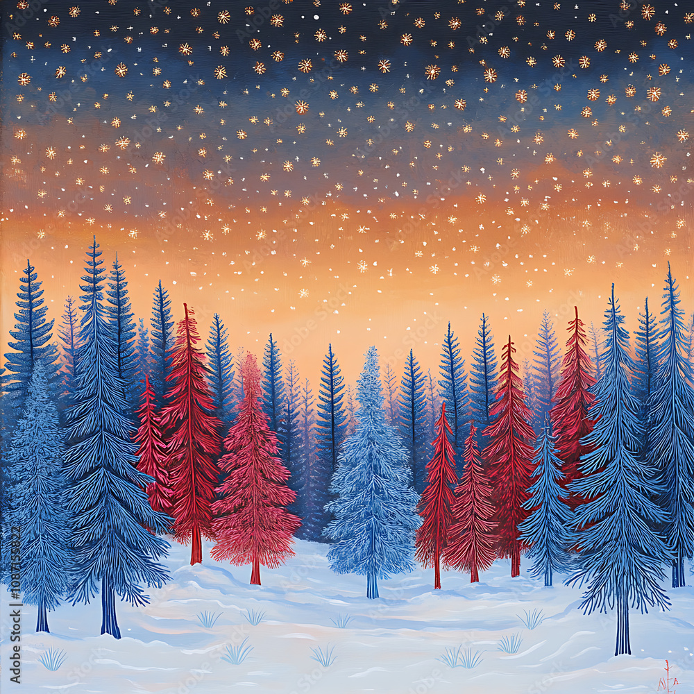 Naklejka premium Enchanted Winter Landscape with Snowy Trees and Starry Sky at Dusk, Capturing the Tranquility of Nature in a Vibrant Palette of Blues and Reds