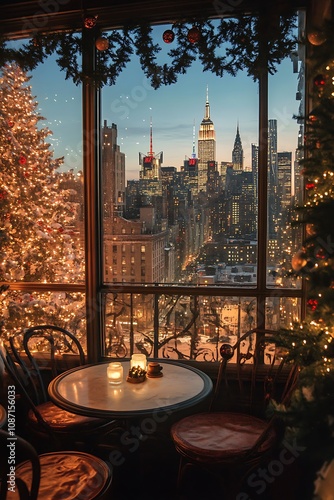 Festive New York City Skyline Viewed Through a Window