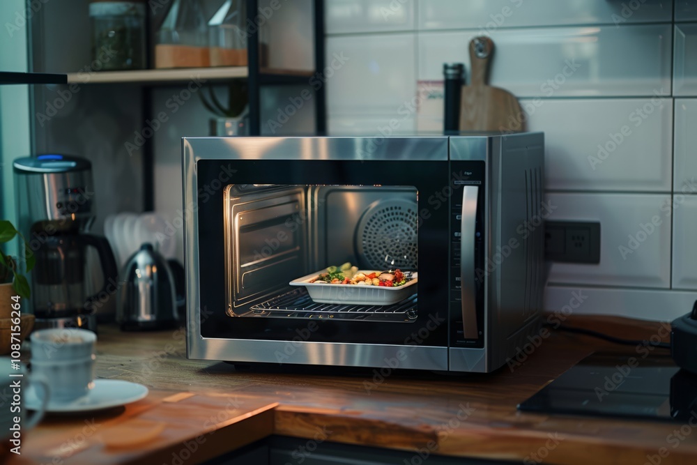 Modern Kitchen Microwave Oven with Open Door Displaying Deliciously Cooked Vegetables on a White Plate, Surrounded by a Cozy Cooking Environment Modern Kitchen Microwave Oven with Open Door Displaying Deliciously Cooked Vegetables on a White Plate, Surrounded by a Cozy Cooking Environment