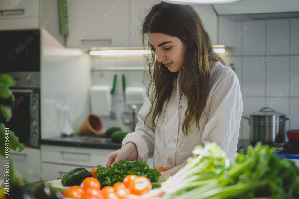 Nutritionist Inspecting Fresh Produce in a Bright Kitchen Preparing Healthy Meals with Vibrant Vegetables and Ingredients for Wholesome Eating Nutritionist Inspecting Fresh Produce in a Bright Kitchen Preparing Healthy Meals with Vibrant Vegetables and Ingredients for Wholesome Eating