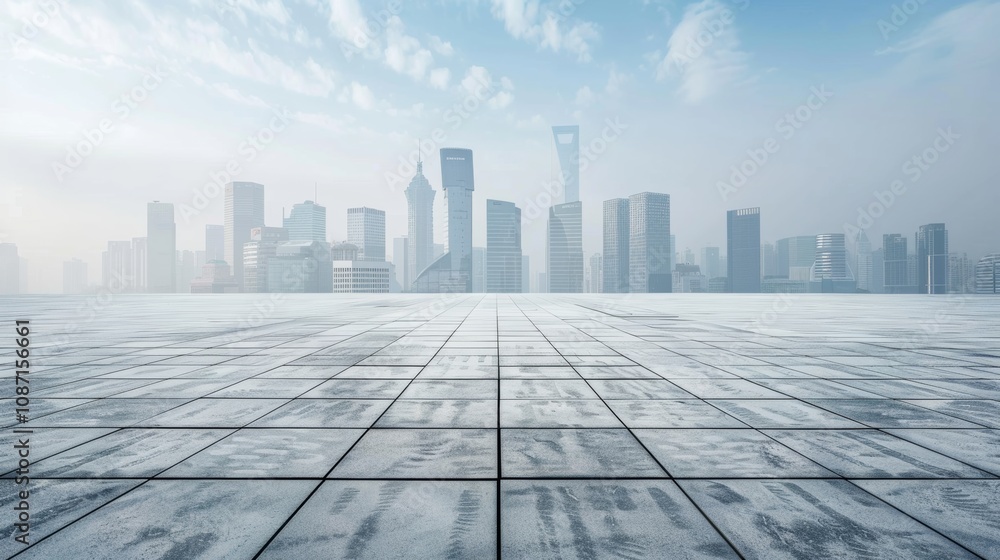 Empty square floor with city skyline background, Urban fusion, cityscape vista merging cultures