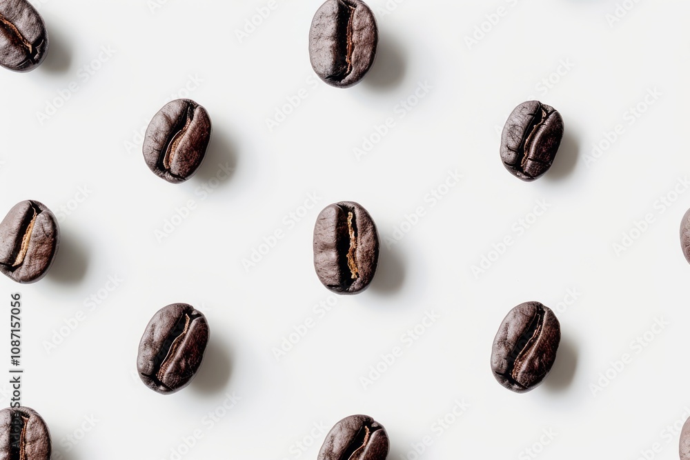 Fototapeta premium Patterned Layout of Isolated Coffee Beans on White Background for a Minimalist Design; Perfect for Coffee Lovers and Culinary Projects