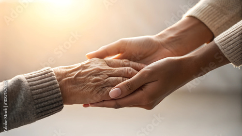 Gentle hands holding each other, symbolizing compassion and warmth in a caring environment