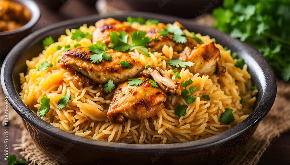 A close-up of a bowl of chicken biryani, an Indian rice dish, garnished with parsley.
