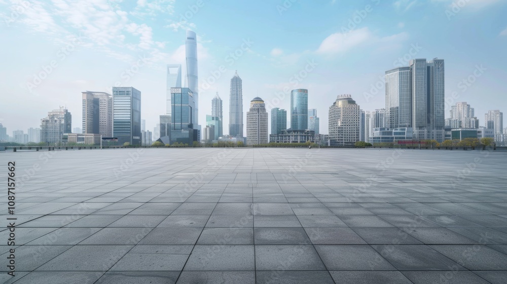 Empty square floor with city skyline background, Urban convergence, cityscape vista converging in perspective Empty square floor with city skyline background, Urban convergence, cityscape vista converging in perspective