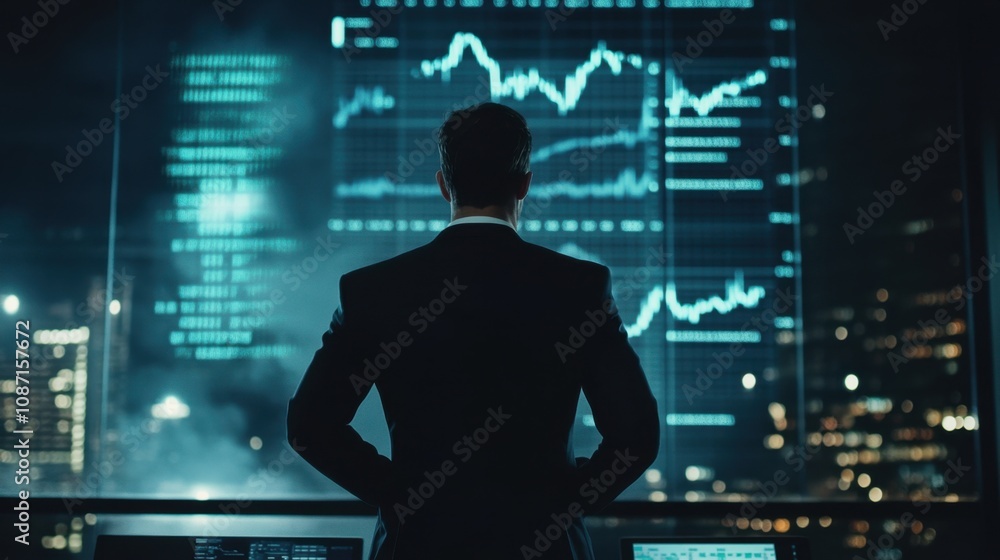 Business Professional Analyzing Stock Market Trends at Night in High-Tech Office with Digital Data Displaying Graphs and Charts for Financial Insights Business Professional Analyzing Stock Market Trends at Night in High-Tech Office with Digital Data Displaying Graphs and Charts for Financial Insights