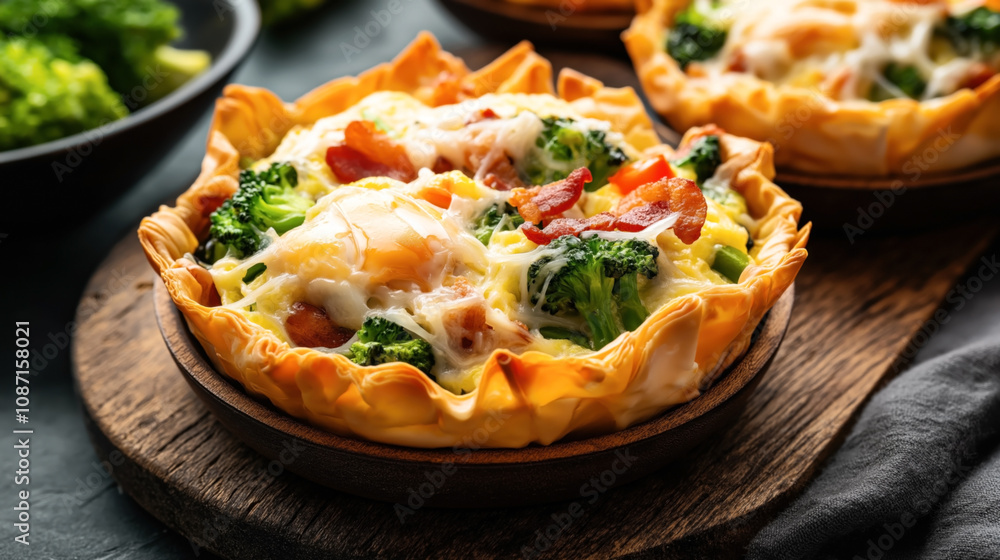 Close-up view of freshly baked individual broccoli and bacon quiches with cheese in crispy pastry shells served on wooden plates Close-up view of freshly baked individual broccoli and bacon quiches with cheese in crispy pastry shells served on wooden plates