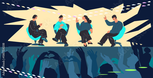 Talk shows or on-stage interviews, public events with expert speakers and audiences, flat vector illustration. Panelists on stage in conference room. Formal public discussion.