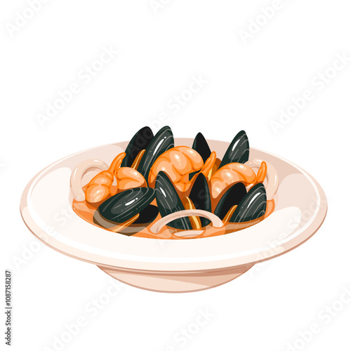 Bouillabaisse, French cartoon seafood stew. Plate of rustic traditional soup in Marseille, meal with mussels, shrimp and squid. Cuisine of France mascot, cartoon Bouillabaisse vector illustration