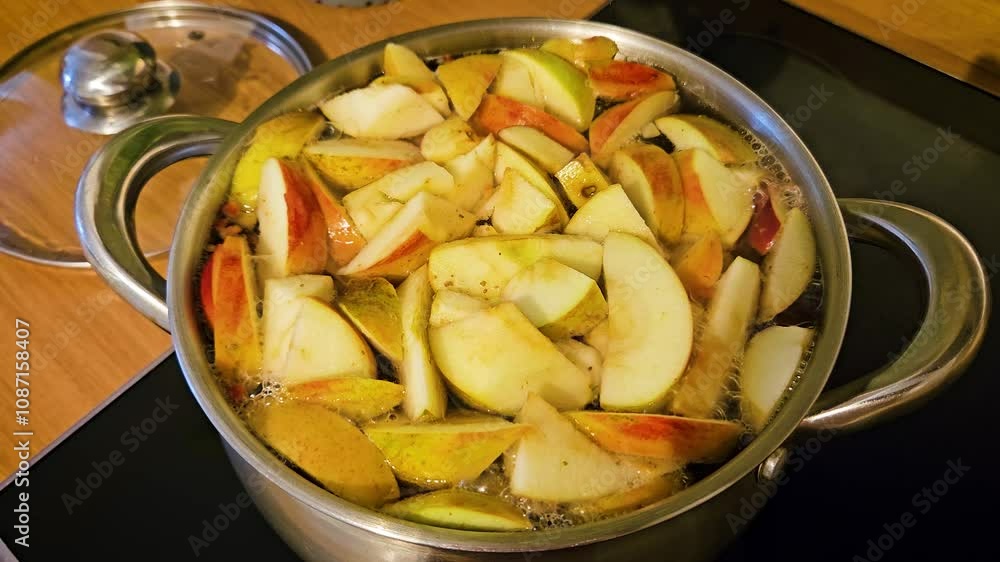 Homemade Fruit Compote Juice Simmering on Modern Electric Stove With Fresh Apple Slices in Pot. Homemade healthy drink rich in natural vitamins. Fruit preservation, cooking compote for conservation Homemade Fruit Compote Juice Simmering on Modern Electric Stove With Fresh Apple Slices in Pot. Homemade healthy drink rich in natural vitamins. Fruit preservation, cooking compote for conservation