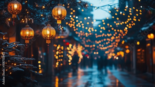 A lively city street during the holiday season, with people walking and lights illuminating the area. The street is lined with trees, and the lights are hanging from them, creating a warm