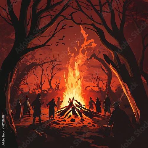 Witches Gathering Around a Bonfire photo