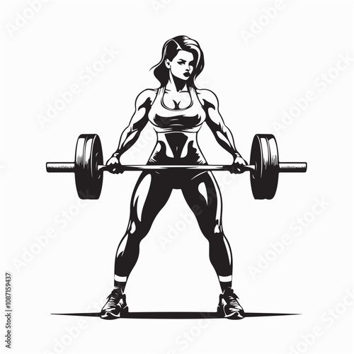 Muscular Sportswoman Lifts Heavy Barbell Stock Illustration isolated on white background.