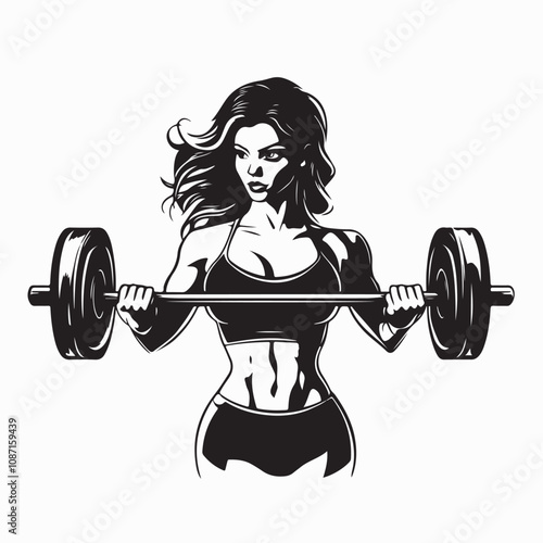 Muscular Sportswoman Lifts Heavy Barbell Stock Illustration isolated on white background.