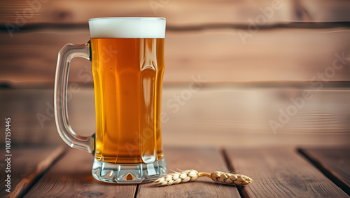 beer mug with wheat on wooden table photo