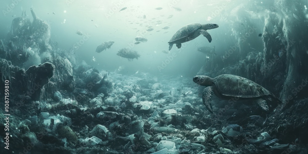 Fototapeta premium Two sea turtles swim through a sea of plastic debris