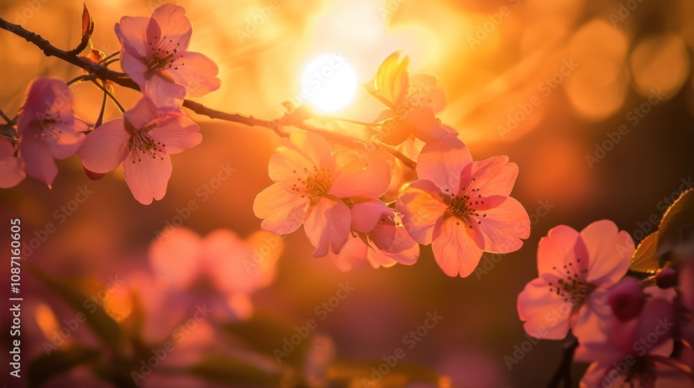 Cherry blossoms illuminated by soft evening light, their pink petals glowing against a golden sunset. Cherry blossoms illuminated by soft evening light, their pink petals glowing against a golden sunset.