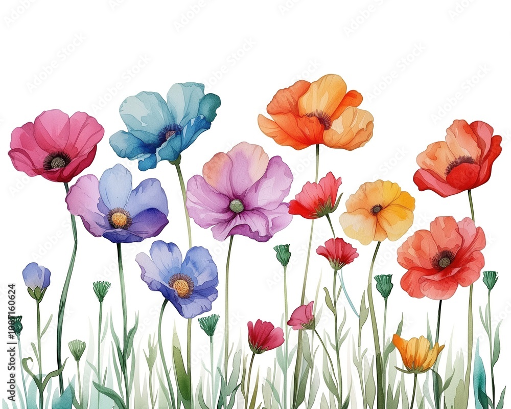 Fototapeta premium Watercolor illustration of delicate wildflowerson a clean white background.