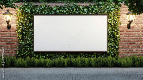 large blank billboard framed by lush greenery and brick wall, illuminated by vintage lanterns, creates serene urban atmosphere. Perfect for advertising or artistic displays photo