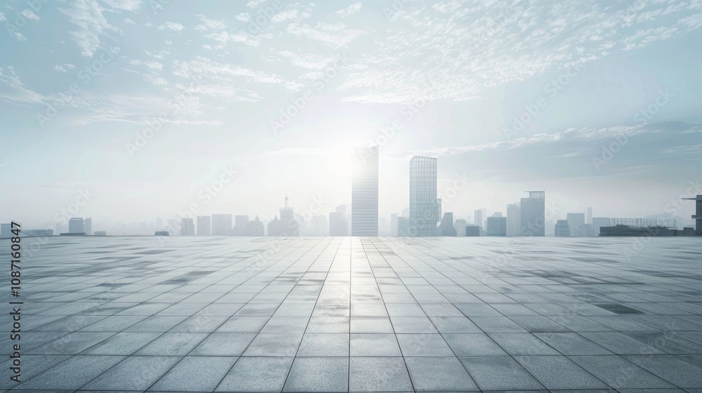 Empty square floor with city skyline background, Cityscape refinement, polished cityscape vista Empty square floor with city skyline background, Cityscape refinement, polished cityscape vista