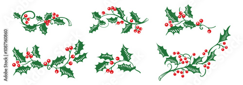 Set Christmas holly botanical branches. Festive Flat elements decorations for border and frame with green leaves and red berries. For plant wreath, greeting card. Vector image.