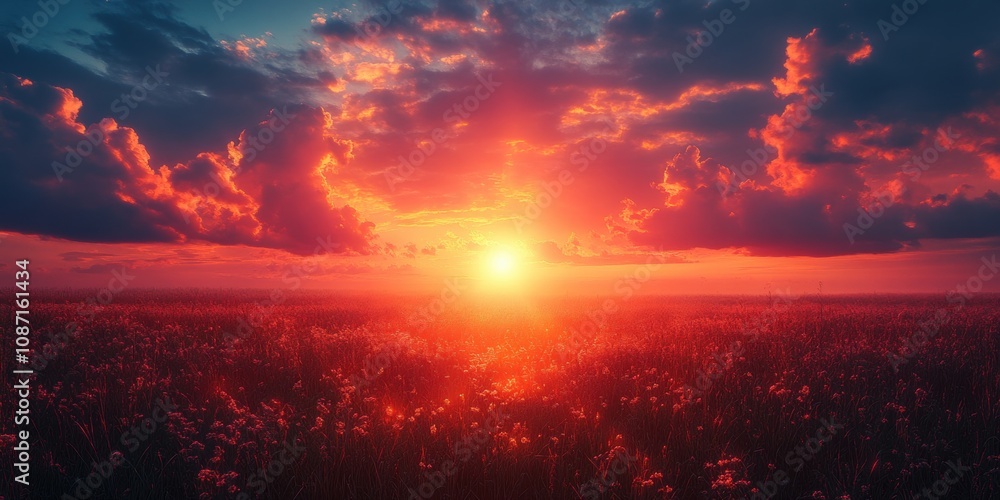 Fototapeta premium A breathtaking sunset casts a warm golden glow over a vast field of wildflowers, with dramatic clouds painted vividly across the expansive evening sky