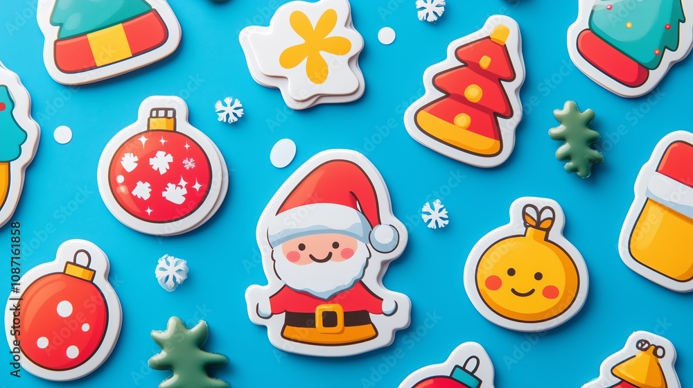 Fototapeta premium A blue background with a variety of Christmas themed stickers, including a Santa Claus and a Christmas tree