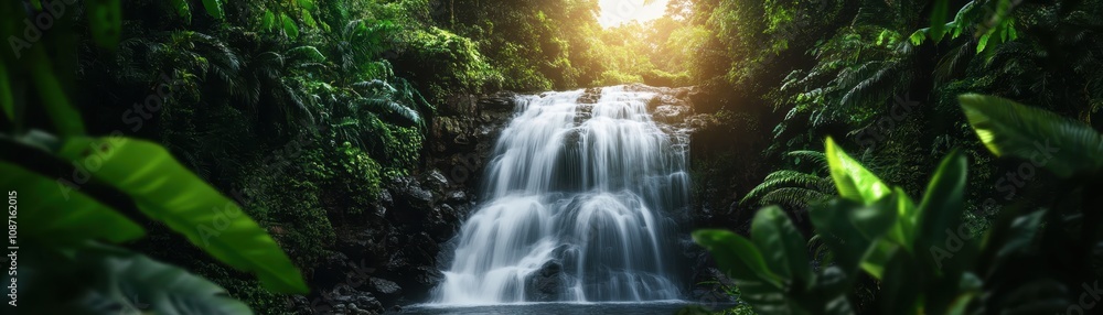 Obraz premium Stunning lush tropical waterfall cascading abundantly through vibrant greenery in a serene paradise.
