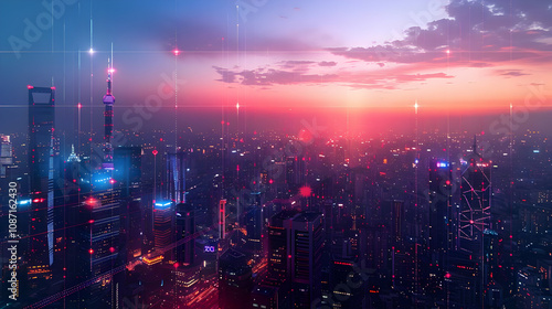 Digital Cityscape: Illuminated Towers and Network Connections at Sunset