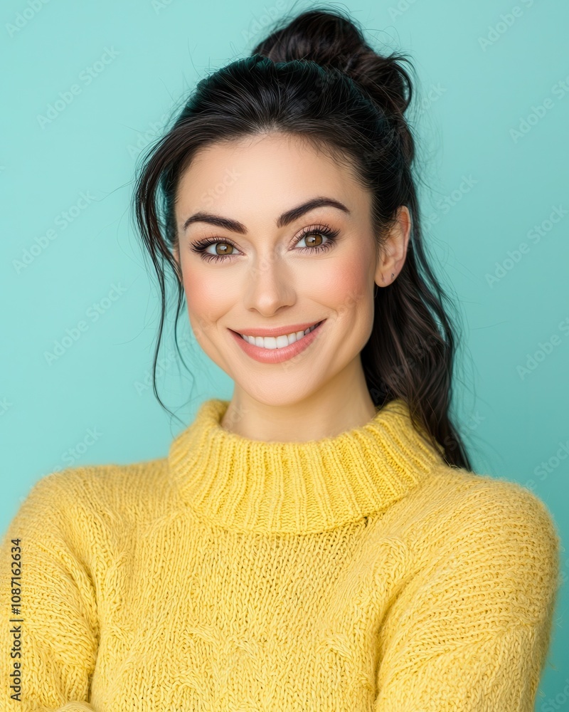 Fototapeta premium Cheerful woman smiling studio setting portrait photography bright background lifestyle concept